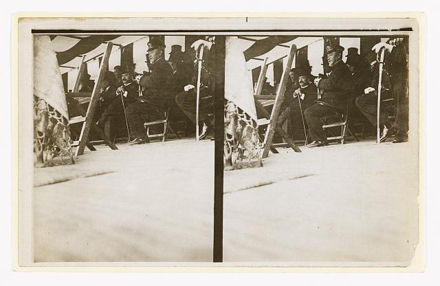 [Admiral Togo seated in a tent with government officials, probably during his visit to Tokyo in Oct., 1905]