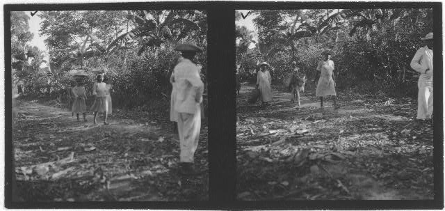 [Two photos featuring groups of men and women walking down road, probably from Bahamas expedition, 1935]