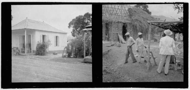 [Unidentified building (left photo); Men standing outdoors, near thatched-roof building (right photo). Photos probably taken during Bahamas expedition]