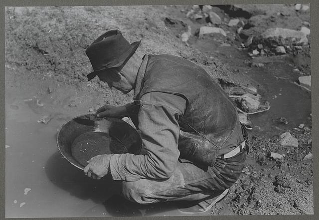 Pinos Altos, New Mexico. Prospector panning gold. The light objects are probably not gold as it is very unusual to find pieces this large in this section. They are probably mica (fools' gold) or mercury, which is used to attract the gold