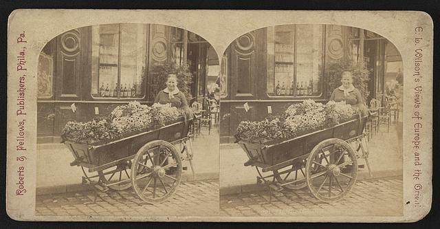 [Woman with cart of flowers on cobblestone street, probably in Europe]