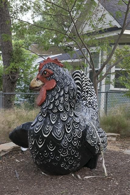 We're not quite sure how to describe this oversized outdoor chicken in eclectic South Austin, a neighborhood of Austin, Texas. It is true that, for reasons not fully known, large-chicken art is popular across Texas. But maybe not this large