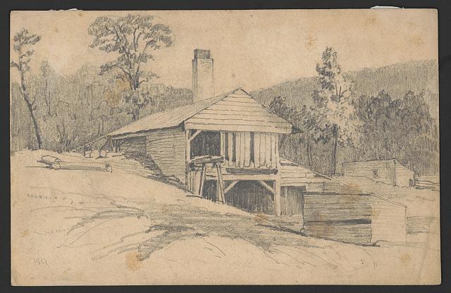 [Mine building or sawmill among rolling hills, probably in Pennsylvania]
