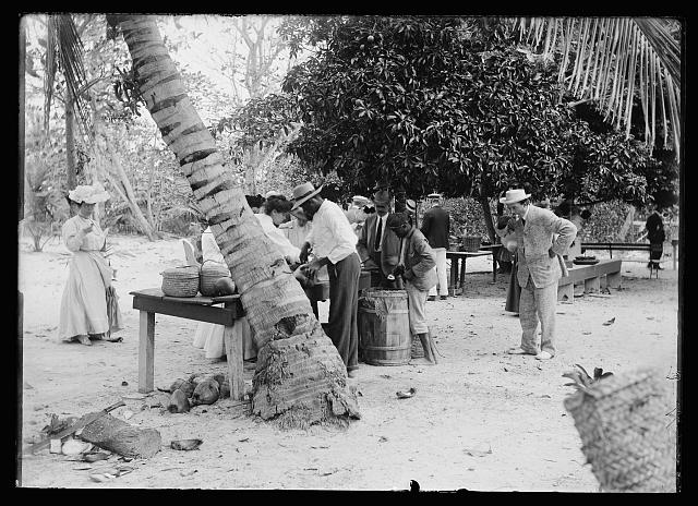 [Tourists buying coconuts and fruit from vendor, probably Nassau, Bahamas]