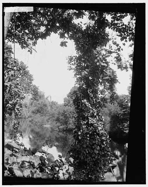 [Riverscape with smokestack, probably the Huron River, Ypsilanti, Mich.]