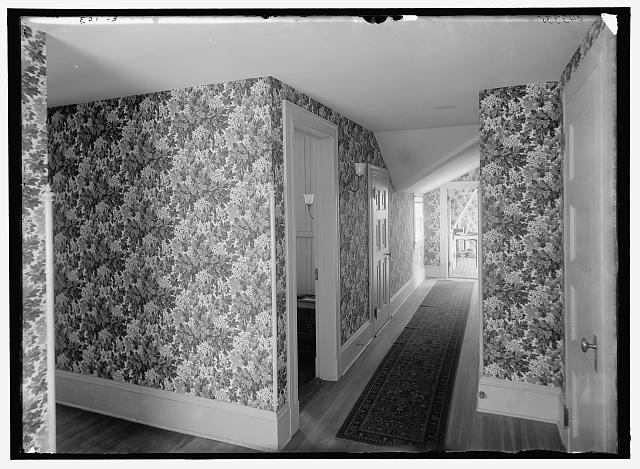 [Hall with floral wallpaper, probably in a clubhouse, New York City]