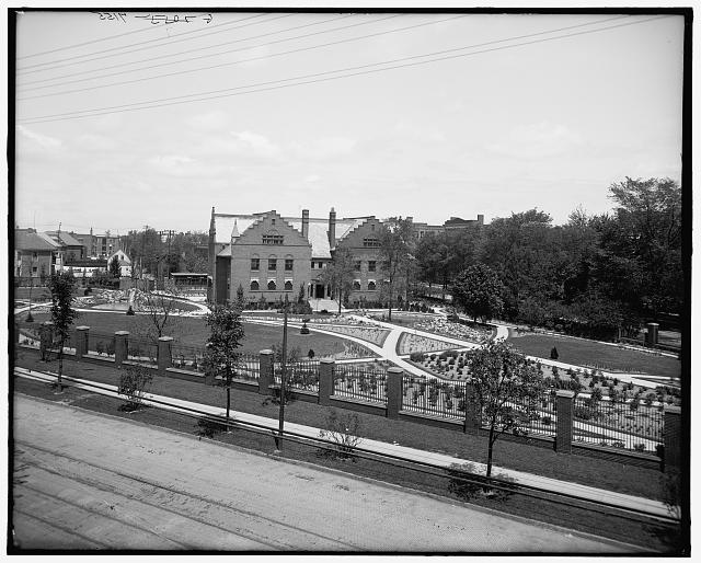 [View of home and landscaped garden, probably in Detroit, Mich.]