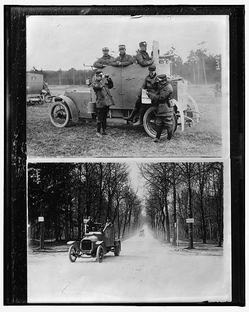 [Soldiers looking at map by armored car ; Armored cars on road, probably in France]
