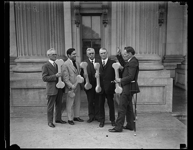[Group of men holding bones, probably connected to "Bone dry" support of prohibition; William D. Upshaw, proponent of temperance movement, at right. U.S. Capitol, Washington, D.C.]