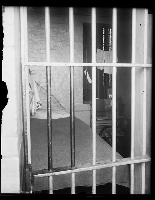 What Harry Sinclair may face. This is a typical cell in the District of Columbia jail and probably the one that will be assigned to Harry F. Sinclair, millionaire oil magnate if he is finally sentenced for contempt of the Senate. Justice Hitz of the District of Columbia Supreme Court was to have passed sentence today, April 11, but it was deferred for 30 days