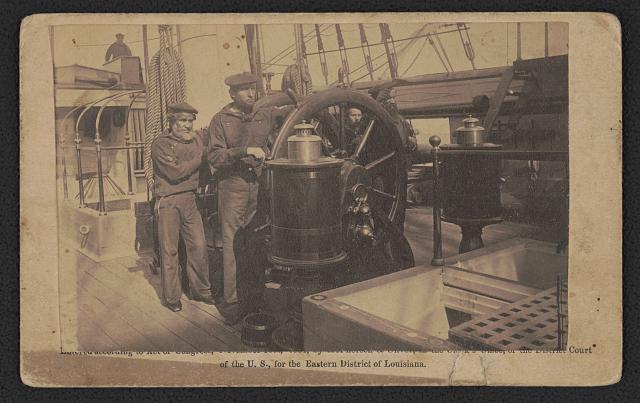 [Unidentified sailors in Union uniforms aboard USS Hartford probably in New Orleans or Baton Rouge, Louisiana]