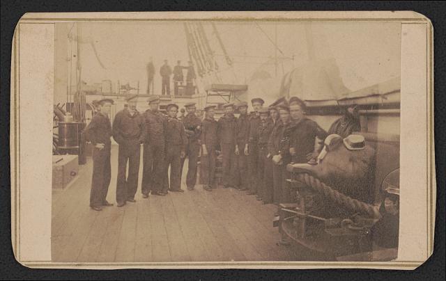 [Unidentified sailors in Union uniforms aboard warship probably in New Orleans, Louisiana]