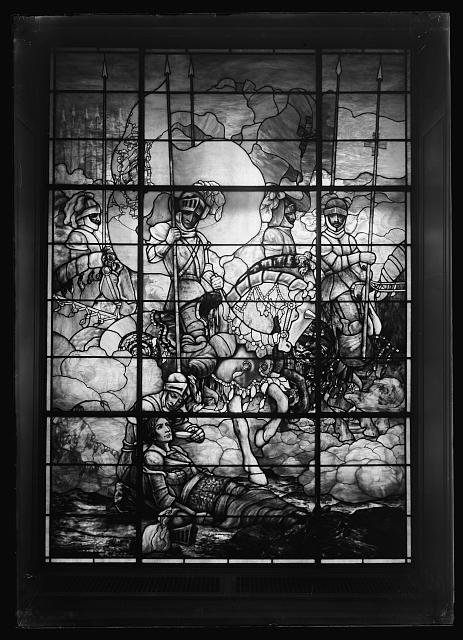 [Central panel of the memorial window joint gift of women of the North and South. The Crusaders. The cost of the three windows was 10,000 dollars. Artist, Louis C. Tiffany of N.Y. The window taken as a while is probably the largest of modern times]