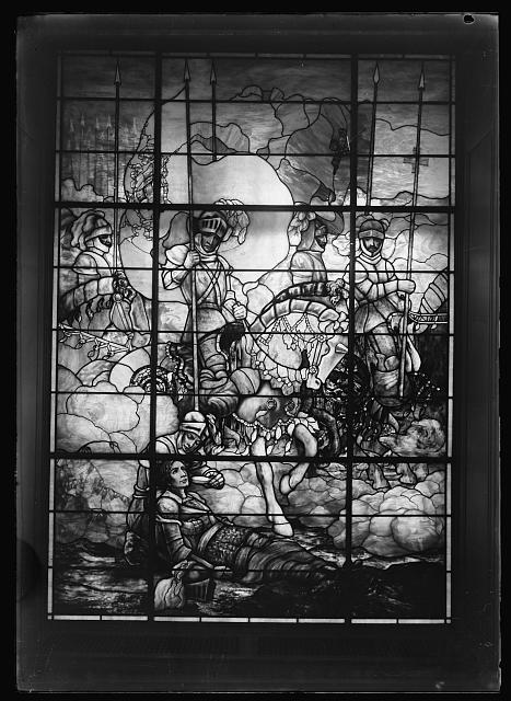 Central panel of the memorial window joint gift of women of the North and South. The Crusaders. The cost of the three windows was 10,000 dollars. Artist, Louis C. Tiffany of N.Y. The window taken as a while is probably the largest of modern times