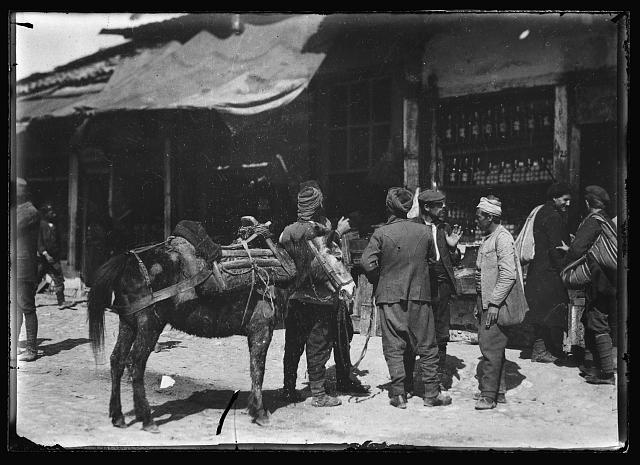A typical street group in Kavadar, Southern Serbia. The mountain pony is an attentive listener to this conversation which has been going on for more than an hour, but as yet has taken no part. Maybe it's because he's tired having carried his master who holds the halter thirty miles over the mountains. The saddle he bears is Home:made with an iron frame and wooden trimmings. It weighs alomost as much as he does. But in addition he can carry two hundred pounds of A.R.C. supplies, and often does. It's the only means the American relief organization has of transporting its supplies to isolated villages in the mountains. A convoy of fifty of these animals are used by the R.C. every week to take supplies from its station in Kavadar to the outlying districts. The picture was taken in the market at Kavadar