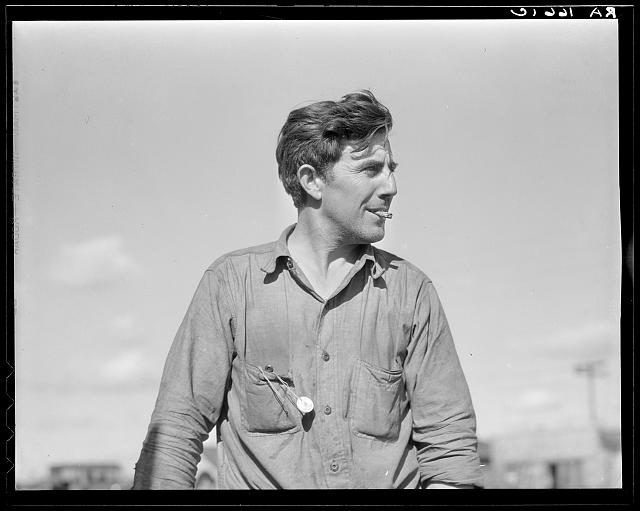 Dust bowl refugee in California. "We was starved out and we live on perhaps. We could maybe find a little work if we could afford to roll"