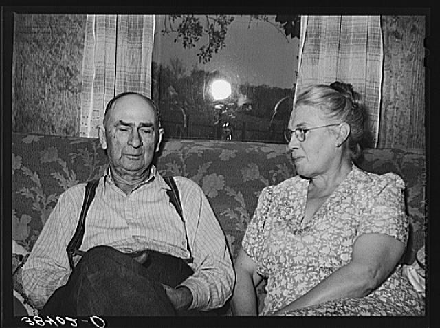 Fruit farmer and his wife, Placer County, California. He owns four hundred acres and has farmed this land for about thirty-five years. He started work in this section freighting ore out. Next he went into cattle raising and about twenty-five years ago into fruit. Last good year for him was ten years ago, but now there is no market for the variety of pears and plums he grows. He has a large loan from Federal Land Bank, he will probably not be able to pay out and will lose his farm