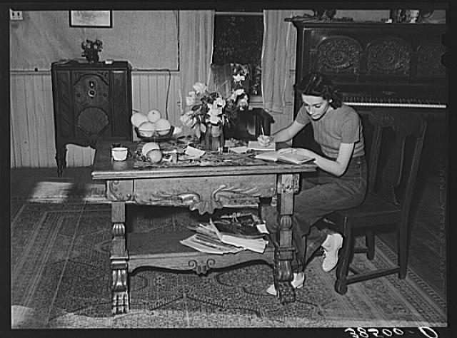 Daughter of fruit farmer. Placer County, California. Her father owns eighteen acres, twelve of which are in fruit. Has no garden, cows, pigs, etc. Have farmed this land for twenty-five years and now have heavy indebtedness to Federal Land Bank and expect to lose their farm momentarily. "Maybe the Okies will make a success where we have made a failure" they say as they see the Okies moving in