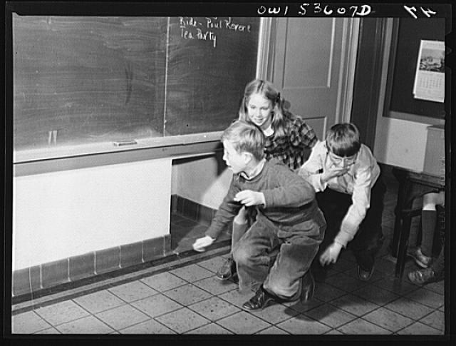 Wilmington, Delaware. Tower Hill School, noted country day school for pupils from three to eighteen years of age. Three students are acting out a scene from history, probably the Boston Tea Party