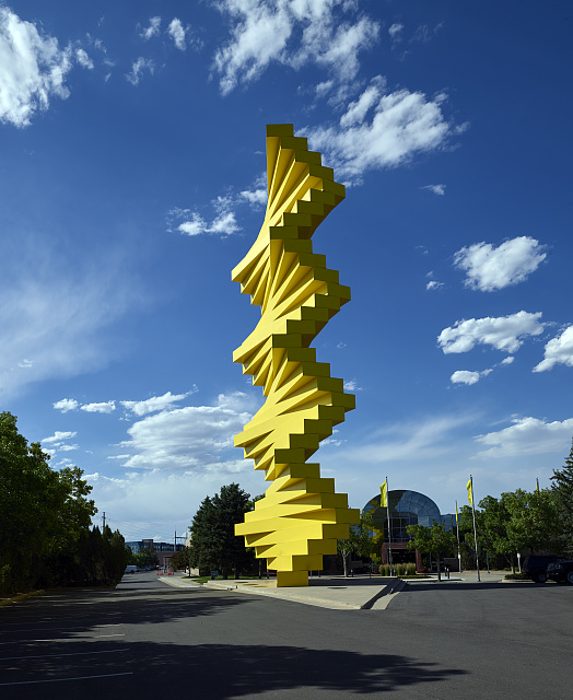 Herbert Bayer is probably best known in Denver, Colorado, for his canary-yellow sculpture "Articulated Wall," a constructivist composition erected in 1985, the year he died. Located within the Denver Design Center complex, the tower rises more than fifty feet. The sculpture's stacked horizontal concrete bars are anchored by an enormous steel armature