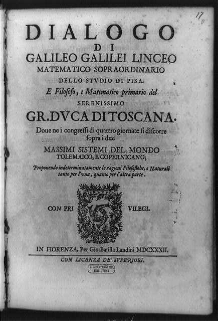 [Title page of Dialogo di Galilei Linceo, with three fish encircled by wreath and banner, probably emblem for printer Giovanni Batista Landini of Florence]