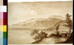 [Landscape with mountains and buildings at edge of large body of water, probably Scotland]
