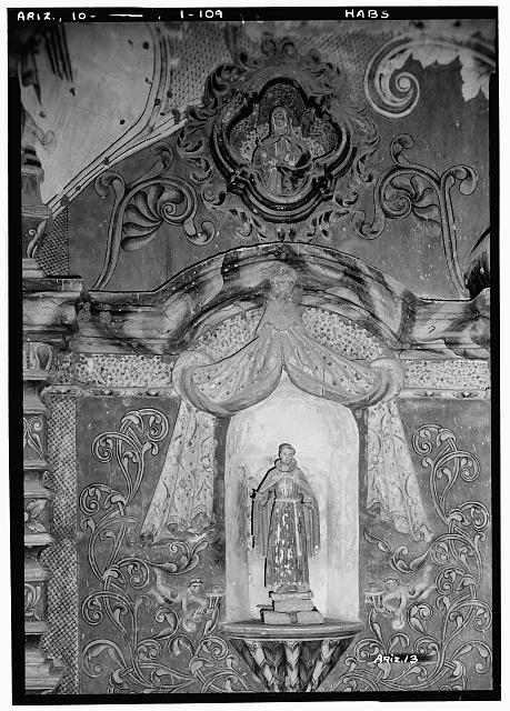 109.  Historic American Buildings Survey, Donald W. Dickensheets, Photographer. April 29, 1940. MEDALLION - ROSE OF VITERBO. NICHE - UNKNOWN - (Probably St. Leonard) (SOUTH ELEVATION) EAST TRANSEPT - San Xavier del Bac Mission, Mission Road, Tucson, Pima County, AZ