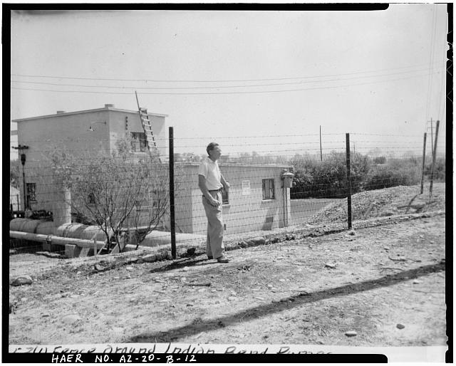 12.  Photocopy of photograph (original in SRP Archives) Probably photographed by SRP, June 1, 1953 MAN BY INDIAN BEND POND PUMPHOUSE NEAR FENCE BOUNDING POND. - Crosscut Steam Plant, Indian Bend Pond & Pump Ditch, North side Salt River near Mill Avenue & Washington Street, Tempe, Maricopa County, AZ