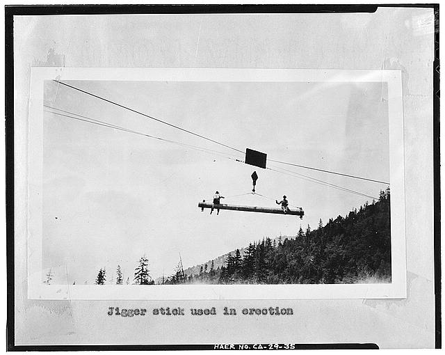 JIGGER STICK USED IN ERECTION. Shown on highline, direction of view is probably to the north - South Fork Trinity River Bridge, State Highway 299 spanning South Fork Trinity River, Salyer, Trinity County, CA