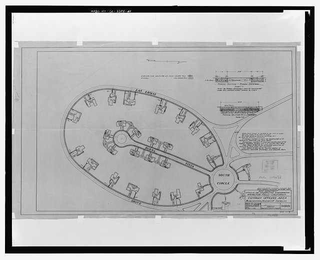 DRAWING R-1001-31, COMPANY OFFICERS' AREA, BUILDING LOCATIONS, DRIVEWAYS, AND SIDEWALKS, LAS LOMAS AND BUENA VISTA DRIVES. Ink on linen, signed by H.B. Nurse. Date has been erased, but probably June 15, 1933. Also marked "PWC 104288." - Hamilton Field, East of Nave Drive, Novato, Marin County, CA