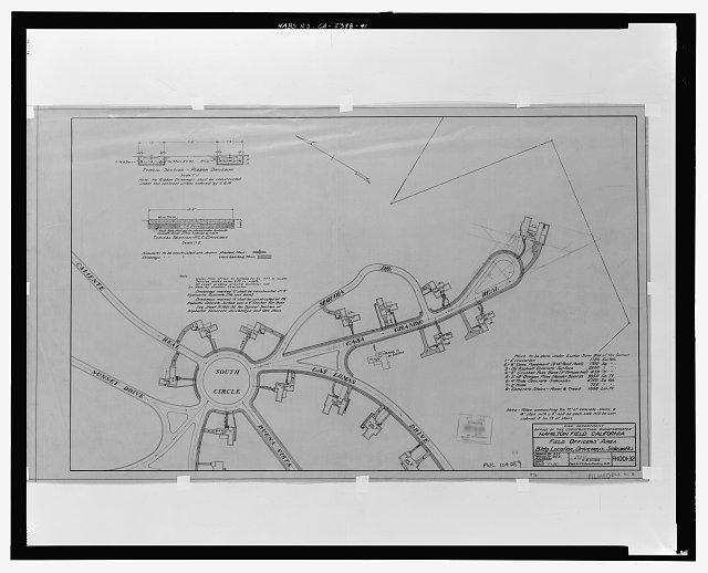 DRAWING R-1001-32, FIELD OFFICERS' AREA, BUILDING LOCATIONS, DRIVEWAYS, AND SIDEWALKS, SOUTH CIRCLE, CASA GRANDE REAL, AND SEQUOIA DRIVES. Ink on linen, signed by H.B. Nurse. Date has been erased, but probably June 15, 1933. Also marked "PWC 104289." - Hamilton Field, East of Nave Drive, Novato, Marin County, CA