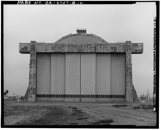 Aerial view of entire LTA base after completion of both LTA ship hangars.  Date unknown but probably circa 1945. - Marine Corps Air Station Tustin, Northern Lighter Than Air  Ship Hangar, Meffett Avenue & Maxfield Street, Tustin, Orange County, CA