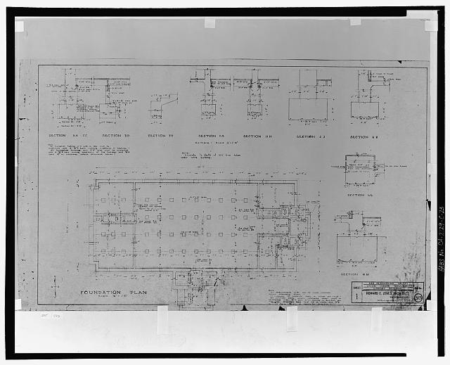 Foundation plan.  San Bernardino Valley Union Junior College, Library Building.  Also includes sections A through MM.  Howard E. Jones, Architect, San Bernardino, California.  Sheet 1, job no. 315.  Scales 1/8 inch to the foot (plan) and 1/2 inch to the foot (sections).  No date given on sheet (probably March or April, 1927). - San Bernardino Valley College, Library, 701 South Mount Vernon Avenue, San Bernardino, San Bernardino County, CA