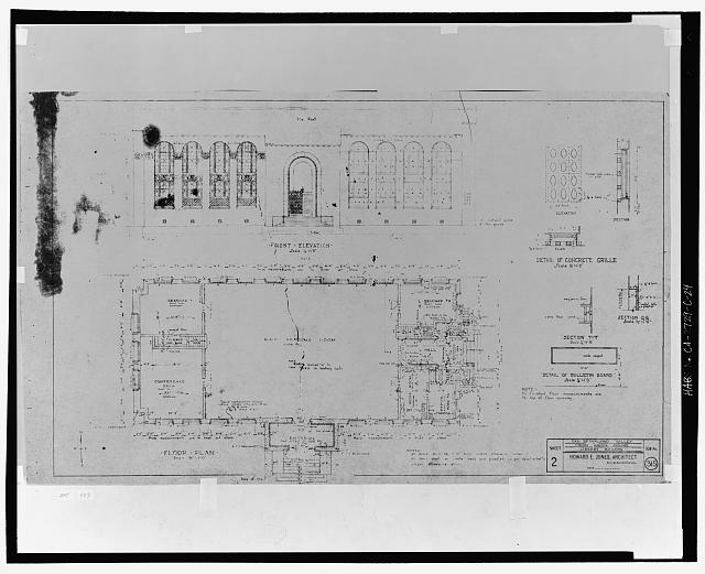 Floor plan and front elevation.  San Bernardino Valley Union Junior College, Library Building.  Also includes detail of concrete grille; sections QQ and TT; and detail of bulletin board.  Howard E. Jones, Architect, San Bernardino, California.  Sheet 2, job no. 315.  Scales 1/8 inch to the foot (plan, elevation), 1/2 inch to the foot (sections), and 1/4 inch to the foot (bulletin board).  No date given on sheet (probably March or April, 1927). - San Bernardino Valley College, Library, 701 South Mount Vernon Avenue, San Bernardino, San Bernardino County, CA