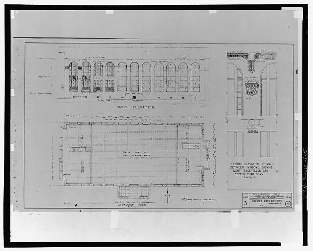 Mezzanine plan and north elevation.  San Bernardino Valley Union Junior College, library building.  Also includes interior elevation of wall between windows, showing light receptacle and section through beam.  Howard E. Jones, Architect, San Bernardino, California.  Sheet 3, job no. 315.  Scales 1/8 inch to the foot (plan, elevation) and 1/2 inch to the foot (interior elevation).  No date given on sheet (probably March or April, 1927). - San Bernardino Valley College, Library, 701 South Mount Vernon Avenue, San Bernardino, San Bernardino County, CA