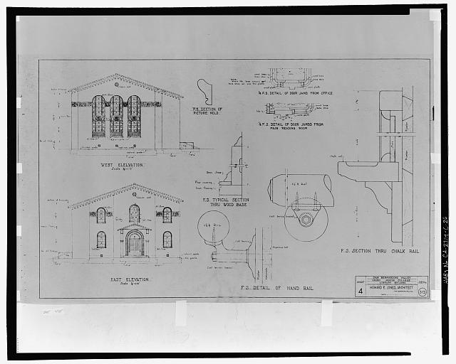East and west elevations.  San Berardino Valley Union Junior College, Library Building.  Also includes miscellaneous full size details.  Howard E. Jones, Architect, San Bernardino, California.  Sheet 4, Job no. 315.  Scales 1/8 inch to the foot (elevations).  No date given on sheet (probably March or April, 1927). - San Bernardino Valley College, Library, 701 South Mount Vernon Avenue, San Bernardino, San Bernardino County, CA