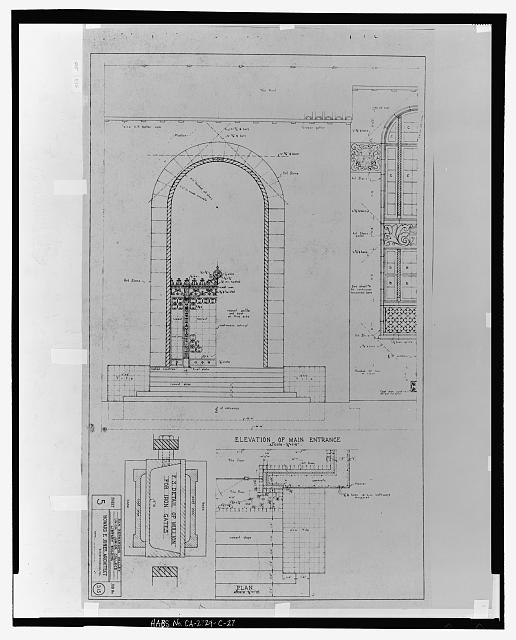 Elevation and plan of main entrance.  San Bernardino Valley Union Junior College, Library Building.  Also includes full size detail of mullion for iron gates.  Howard E. Jones, Architect, San Bernardino, California.  Sheet 5, job no. 315.  Scale 1/2 inch to the foot.  No date given on sheet (probably March or April, 1927). - San Bernardino Valley College, Library, 701 South Mount Vernon Avenue, San Bernardino, San Bernardino County, CA