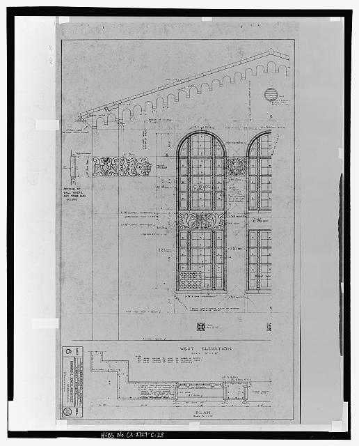 Elevation and plan of west side, north half.  San Bernardino Valley Union Junior College, Library Building.  Howard E. Jones, Architect, San Bernardino California.  Sheet 6, job no. 315.  Scale 1/2 inch to the foot.  No date given on sheet (probably March or April, 1927. - San Bernardino Valley College, Library, 701 South Mount Vernon Avenue, San Bernardino, San Bernardino County, CA