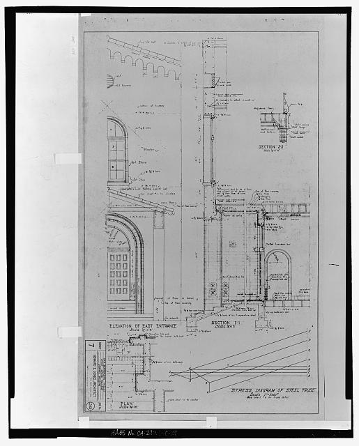 Elevation and plan of east side entrance.  San Bernardino Valley Union Junior College, Library Building.  Also includes sections II and SS of entrance hall; and a stress diagram of steel truss.  Howard E. Jones, Architect, San Bernardino, California.  Sheet 7, job no. 315.  Scale 1/2 inch to the foot.  No date given on sheet (probably March or April, 1927). - San Bernardino Valley College, Library, 701 South Mount Vernon Avenue, San Bernardino, San Bernardino County, CA