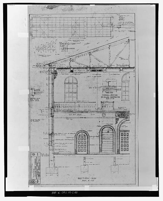 Section NN, showing steel roof trusses, mezzanine iron railing, first floor doors, etc.  San Bernardino Valley Union Junior College, Library Building.  Also includes steel truss roof plan and a small stress diagram of the truss.  Howard E. Jones, Architect, San Bernardino, California.  Sheet 8, job no. 315.  Scales 1/2 inch to the foot (section), and 1/8 and 1/16 inch to the foot.  No date given on sheet (probably March or April, 1927). - San Bernardino Valley College, Library, 701 South Mount Vernon Avenue, San Bernardino, San Bernardino County, CA