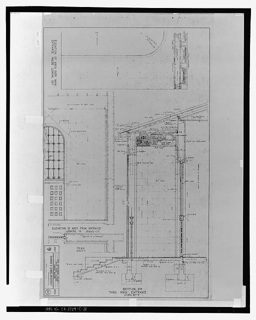 Elevations, plan and section PP of main entrance.  San Bernardino Valley Union Junior College, Library Building.  Howard E. Jones, Architect, San Bernardino, California.  Sheet 9, job no. 315.  Scale 1/2 inch to the foot.  No date given on sheet (probably March or April, 1927). - San Bernardino Valley College, Library, 701 South Mount Vernon Avenue, San Bernardino, San Bernardino County, CA