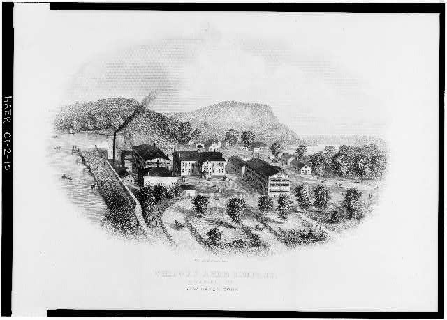 10.  Whitney Arms Company, Van Slyck steel engraving, 1880 Photocopied from Charles B. Norton, American Inventions and Improvements in Breech-Loading Small Arms (Springfield, Mass., 1880), p. 154 The engraving does not seem to have been included in the earlier 1872  edition. This is probably the single most widely copied view of the Whitney Arms Company works, and it is without doubt the most accurate. Compare with site plan, photo CT-2-13. - Eli Whitney Armory, West of Whitney Avenue, Armory Street Vicinity, Hamden, New Haven County, CT