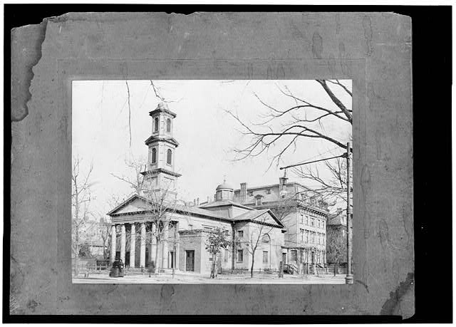 16.  Historic American Buildings Survey View from Southwest, probably in 1890's. South stairwing added. Copy of a photo in St. John's Archives - St. John's Church, Sixteenth & H Streets Northwest, Washington, District of Columbia, DC