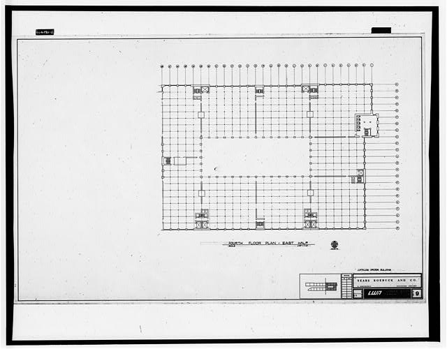 117.  Photographic copy of drawing (undated, original drawing in Archives, Office of the Building, Administration Building, Sears, Roebuck and Company Mail Order Plant, Chicago, Illinois).  Larsen-Wulff Architects.  1/16 inch to one foot.  Drawing of the entire floor plan from Homan Avenue to Central Park Avenue, probably traced in the 1970's or early 1980's.  FOURTH FLOOR PLAN - EAST HALF - Sears Roebuck & Company Mail Order Plant, Merchandise Building, 924 South Homan Avenue, Chicago, Cook County, IL