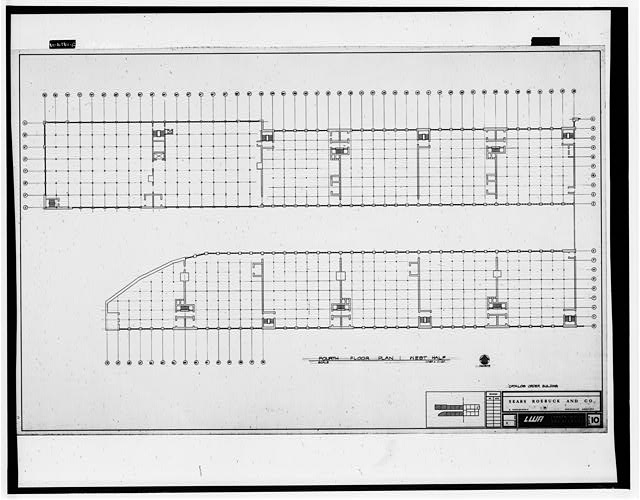 118.  Photographic copy of drawing (undated, original drawing in Archives, Office of the Building, Administration Building, Sears, Roebuck and Company Mail Order Plant, Chicago, Illinois).  Larsen-Wulff Architects.  1/16 inch to one foot.  Drawing of the entire floor plan from Homan Avenue to Central Park Avenue, probably traced in the 1970's or early 1980's.  FOURTH FLOOR PLAN - WEST HALF - Sears Roebuck & Company Mail Order Plant, Merchandise Building, 924 South Homan Avenue, Chicago, Cook County, IL