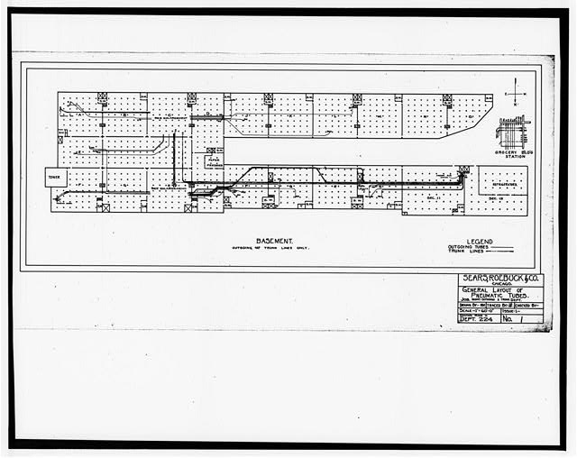 124.  Photographic copy of drawing (undated, probably around 1920, original drawing in Archives, Office of the Building, Administration Building, Sears, Roebuck and Company Mail Order Plant, Chicago, Illinois).  Drawn by Sears Department 224 (engineer unknown).  1 inch to 60 feet.  Archival copies are provided for the basement floor plans, layout of the two central pneumatic tube stations, and the fourth floor (typical merchandise storage).  Reproductions of sheets 4 through 8 and 10 through 14 are provided in field record.  GENERAL LAYOUT OF PNEUMATIC TUBES (SHEET 1-BASEMENT) - Sears Roebuck & Company Mail Order Plant, Merchandise Building, 924 South Homan Avenue, Chicago, Cook County, IL