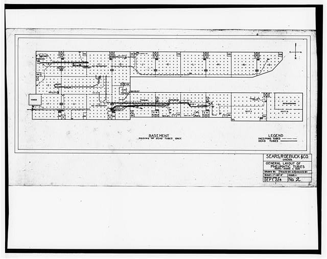 125.  Photographic copy of drawing (undated, probably around 1920, original drawing in Archives, Office of the Building, Administration Building, Sears, Roebuck and Company Mail Order Plant, Chicago, Illinois).  Drawn by Sears Department 224 (engineer unknown).  1 inch to 60 feet.  Archival copies are provided for the basement floor plans, layout of the two central pneumatic tube stations, and the fourth floor (typical merchandise storage).  Reproductions of sheets 4 through 8 and 10 through 14 are provided in field record.  GENERAL LAYOUT OF PNEUMATIC TUBES (SHEET 2-BASEMENT) - Sears Roebuck & Company Mail Order Plant, Merchandise Building, 924 South Homan Avenue, Chicago, Cook County, IL