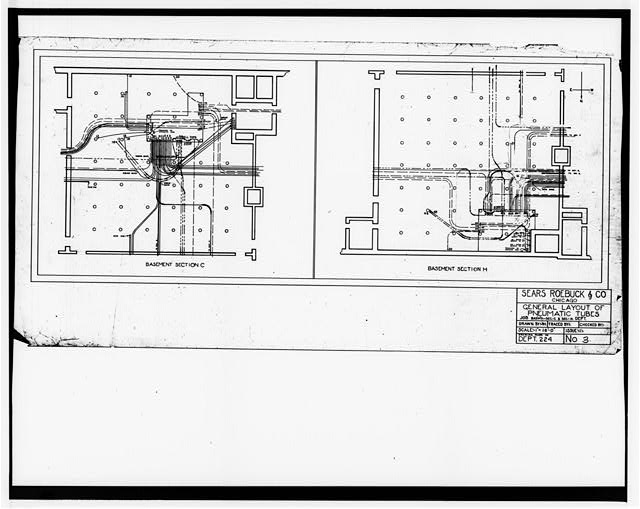 126.  Photographic copy of drawing (undated, probably around 1920, original drawing in Archives, Office of the Building, Administration Building, Sears, Roebuck and Company Mail Order Plant, Chicago, Illinois).  Drawn by Sears Department 224 (engineer unknown).  1 inch to 16 feet.  Archival copies are provided for the basement floor plans, layout of the two central pneumatic tube stations, and the fourth floor (typical merchandise storage).  Reproductions of sheets 4 through 8 and 10 through 14 are provided in field record.  GENERAL LAYOUT OF PNEUMATIC TUBES (SHEET 3-BASEMENT) - Sears Roebuck & Company Mail Order Plant, Merchandise Building, 924 South Homan Avenue, Chicago, Cook County, IL