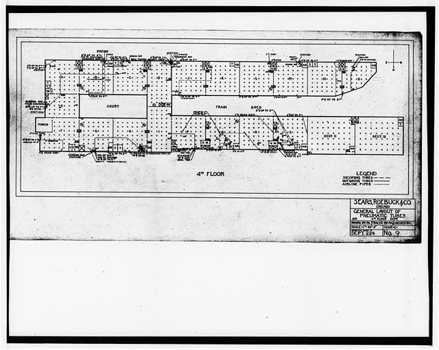 127.  Photographic copy of drawing (undated, probably around 1920, original drawing in Archives, Office of the Building, Administration Building, Sears, Roebuck and Company Mail Order Plant, Chicago, Illinois).  Drawn by Sears Department 224 (engineer unknown).  1 inch to 60 feet.  Archival copies are provided for the basement floor plans, layout of the two central pneumatic tube stations, and the fourth floor (typical merchandise storage).  Reproductions of sheets 4 through 8 and 10 through 14 are provided in field record.  GENERAL LAYOUT OF PNEUMATIC TUBES (SHEET 9 - FOURTH FLOOR) - Sears Roebuck & Company Mail Order Plant, Merchandise Building, 924 South Homan Avenue, Chicago, Cook County, IL