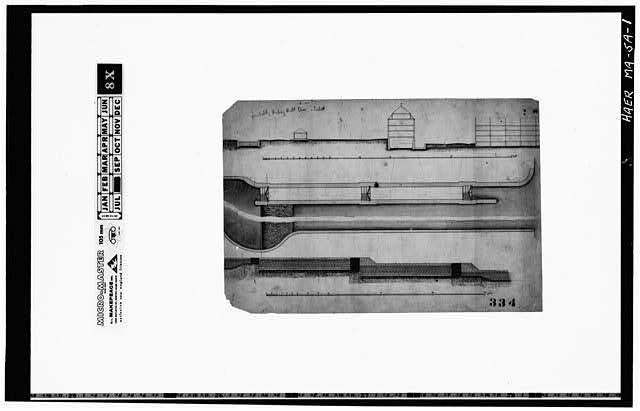 1.  Photocopy of a drawing (original in the Collection of the PL&C, Shelf 117, Drawing 334)--no date--Labeled 'PROBABLY HICKEY HALL DAM & LOCKS' - Western Canal, Hickey Hall Dam, Lowell, Middlesex County, MA